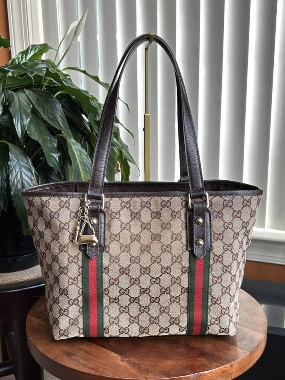 GUGGI GG Supreme Monogram Web Jolicoeur Tote, Tan, Brown